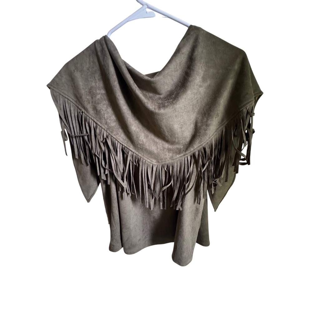 Fab'rik Perry Faux Suede Fringe Detail Top Olive Green Sleeveless Blouse L NEW